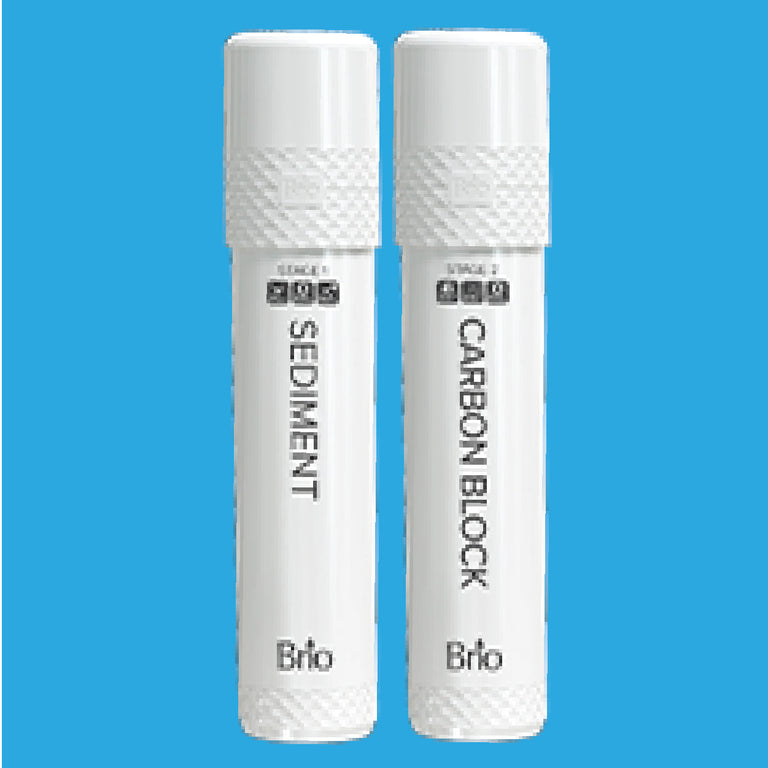 Two white cylindrical water filter cartridges labeled SEDIMENT and CARBON BLOCK with Stage 1 and Stage 2 respectively, standing upright on a blue background. Both have the Brio logo at the bottom.
